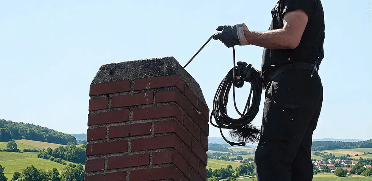 Chimney sweep inspecting and cleaning a rooftop chimney in Tucson, AZ